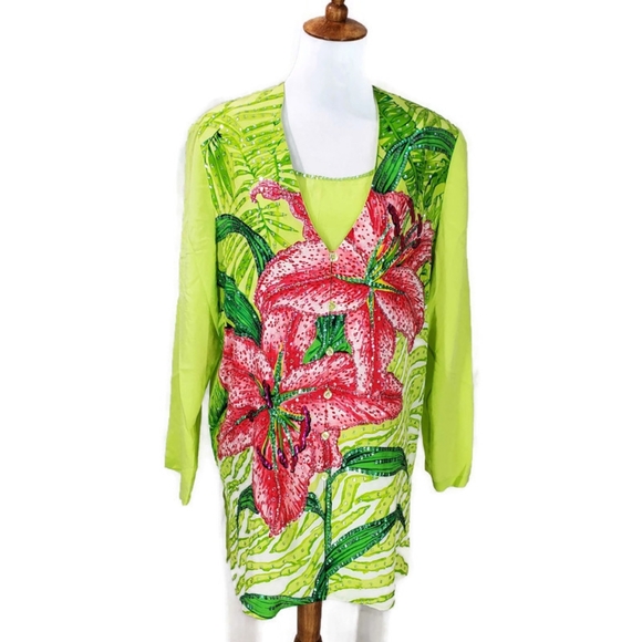 Diane Gillman Vintage 100% Silk Tiger Lily 3 Piece Sequins Pants Suit Blouse Art - Picture 5 of 16